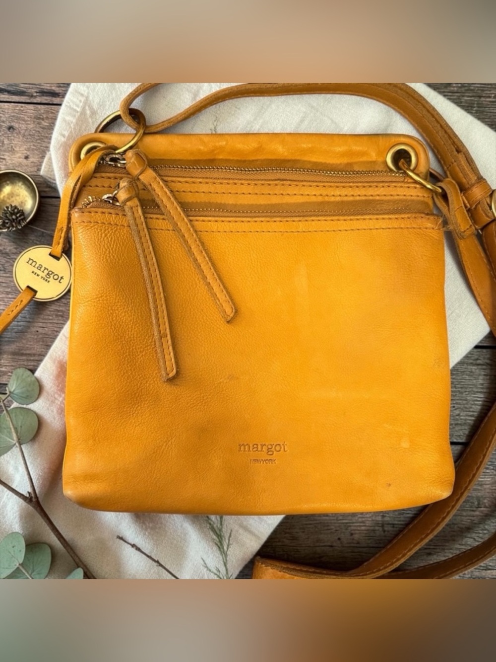 margot Mustard Yellow Leather Crossbody Bag with Gold Accent